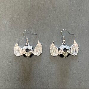 Soccer Ball Allover Rhinestone & Silver Angel Wing Football MLS 1.5” Earrings